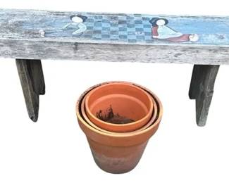 HandPainted Rustic Wooden Plant Stand 3 Terracotta Pots
