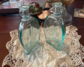 Vintage Teal Green Glass Cruet Decanter Bottles