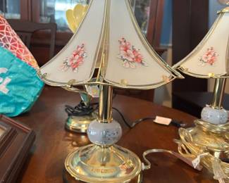 Pair of vintage floral glass shade lamps with brass bases