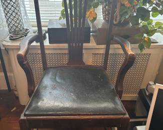 19th Century Mahogany Carved Splat Back Armchair with Leather Seat