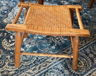 Vintage Mid Century Modern Woven Rush and Wood Saddle Stool
