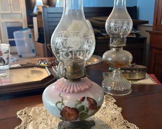 Vintage Victorian style floral painted milk glass parlor oil lamp