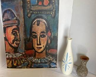 Vintage Print of Heads of Two Clowns and Two Vases