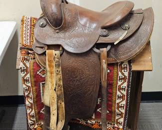 Tooled Leather Western Saddle with Stand & Blankets, Initials Stamped RLR