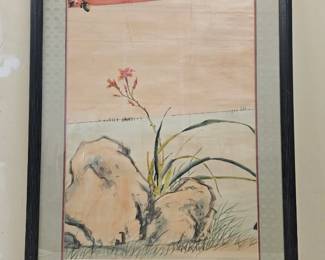 Asian Brush Paint on Silk, Landscape, Silk Matting