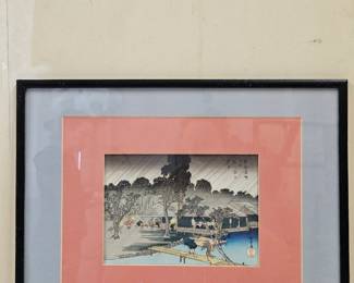 Framed Woodblock Print, “Evening Rain at Tadasugawara” Hiro Shige Ando