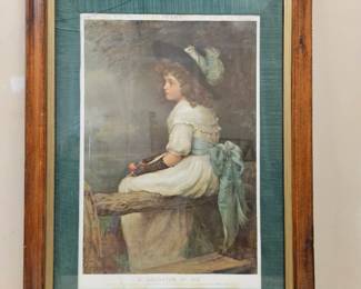 Serigraph, “Daughter of Eve”, One of 3 coloured plates, Patry 1899, Antique Pine Frame, Taffeta Matting