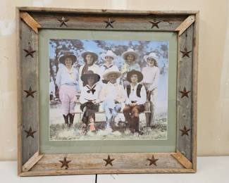 Framed Antique Hand colored photograph, American, “Seven Cowgirls”, by Bob Wade, Primitive