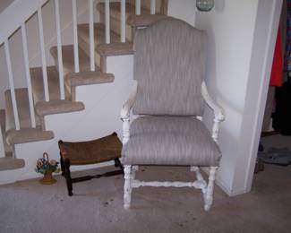 GRAY ARMCHAIR, FOOTSTOOL & DOORSTOP