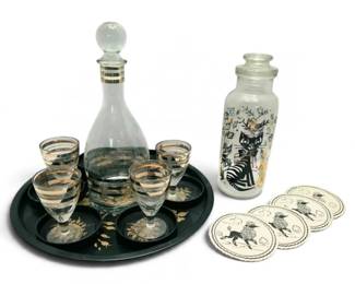 MCM Black Gold Cat Apothecary Jar, Gold Striped Decanter, Glasses, More