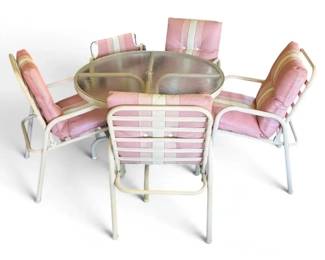 Pink White Cushioned Metal Patio Chairs, FoldOut Lawn Chair, Glass Top Table