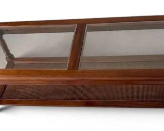 Wooden TwoTier Glass Top Coffee Table with Woven Shelf