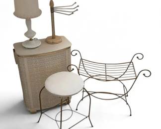 Vintage Hollywood Regency Vanity Bench, Stool, Hamper, Lamp, Towel Rack