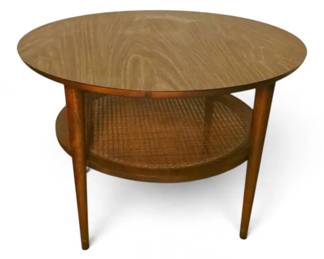Lane MidCentury Round Walnut Veneer Rattan End Table