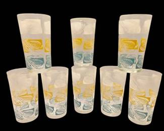 Vintage Retro White, Yellow, Teal Leaf Pattern Glasses 8 Total