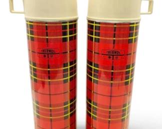 Vintage KingSeeley Red Tartan Plaid Thermoses Pair