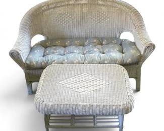 White Wicker Patio Sofa With Blue Floral Cushion Coffee Table