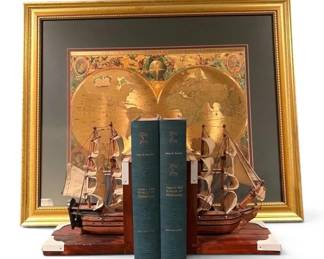 Nautical Decor Ship Bookends, Vintage Math Books Geographical Ocean Picture