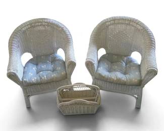 White Wicker Patio Chairs with Blue Floral Cushions Magazine Basket