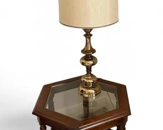 Vintage Brass Lamp Hexagonal GlassTop Wooden End Table with Woven Shelf