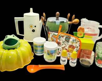 Colorful Vintage Kitchen Fondue Pot, Salt Peppers, Glasses, More