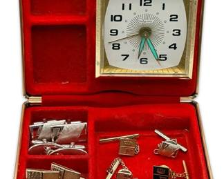 Vintage Radium Dial Clock Jewelry Box w Mens Cufflinks Pins