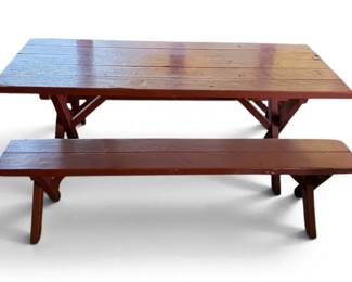 Red Painted Wooden Picnic Table Benches