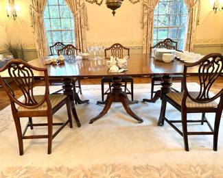 Antique banquet table with 3 bases, additional 2 leaves each with a pedestal. 8 Hepplewhite chairs