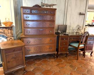 Gorgeous antique set including highboy, bedside cabinet, desk and chair