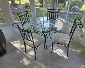 Round GlassTop Dining Table with 4 Wrought Iron Chairs