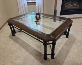 GlassTop Coffee Table with Wood Frame  Vintage Globe Bookends