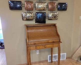 Oak RollTop Writing Desk with 5 Drawers with Metal Wall Art
