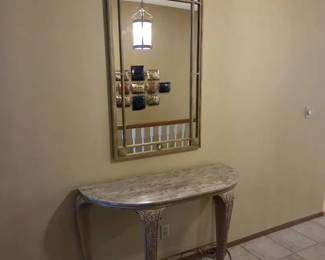 Ornate Metal Console Table with StoneLook Top  Arched Wall Mirror