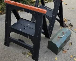 Pair of HeavyDuty Folding Sawhorses  Vintage Metal Toolbox with Hand Tools
