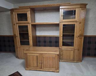 Oak Entertainment Center  Wall Unit with Glass Display Cabinets