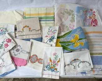 Vintage Embroidered Kitchen Towels  Linens with Floral and Fruit Designs