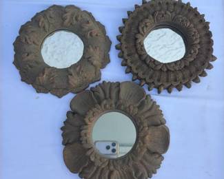 Vintage Ornate Cast Resin Small Wall Accent Mirrors Dark Bronze  Set of 3 as Is