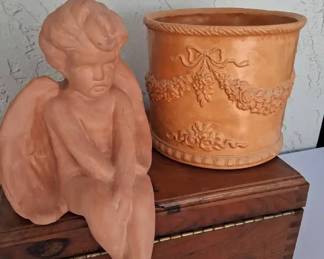 Terracotta Sitting Shelf Angel and Terracotta Planter