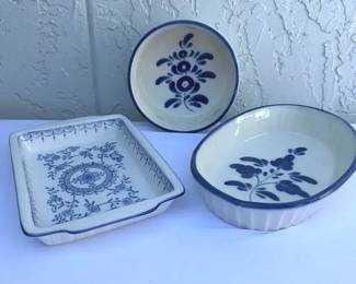 Vintage Blue  White Pottery 3 PC  Signed Viana Do Castelo Bowls  Floral Baker Portugal