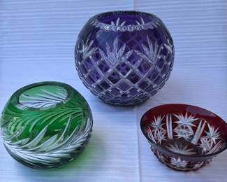 Vintage 24 Lead CutToClear Crystal Rose Bowls  Ruby Art Glass Dish
