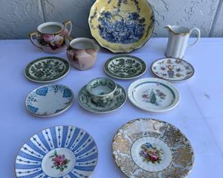 Vintage Porcelain Teaware, Mixed Saucers  Ceramic Toile Serving Bowl  13pc