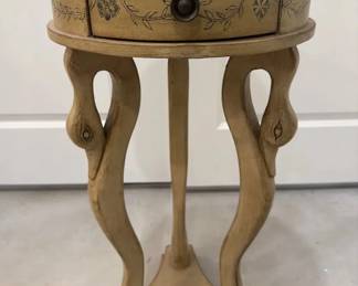 HandPainted Round Accent Side Table with 3 Swan Motif Legs and Drawer