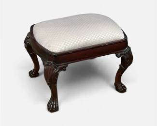 Vintage Chippendale Style Carved Mahogany Upholstered Footstool