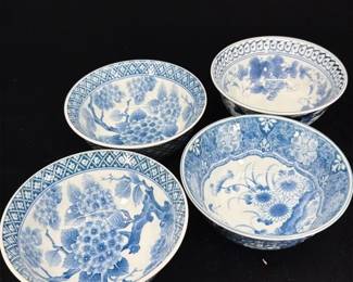 Vintage Asian Blue  White Chinoiserie Style 4Piece Bowls