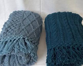Pair of Handmade CableKnit Throw Blankets in Blue  Teal with Fringe