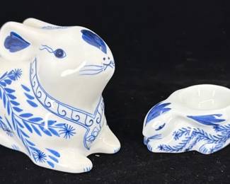 Vintage Blue  White Porcelain Bunny Bank Made in Thailand  Egg Cup