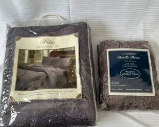 Palais FullQueen Satin Stitched Quilt  Regency Chenille Throw Blanket Lot  NIP Bedding Set