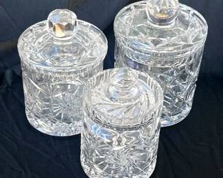 Trio of Vintage Bohemian Cut Crystal Lidded Canisters  Pinwheel  Starburst Candy Biscuit Jars