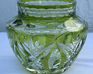 Antique Green Cut to Clear Glass Rose Bowl Vase