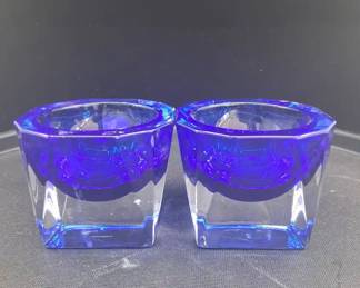 Pair of Blue Glass Bowls with Clear Square Bases